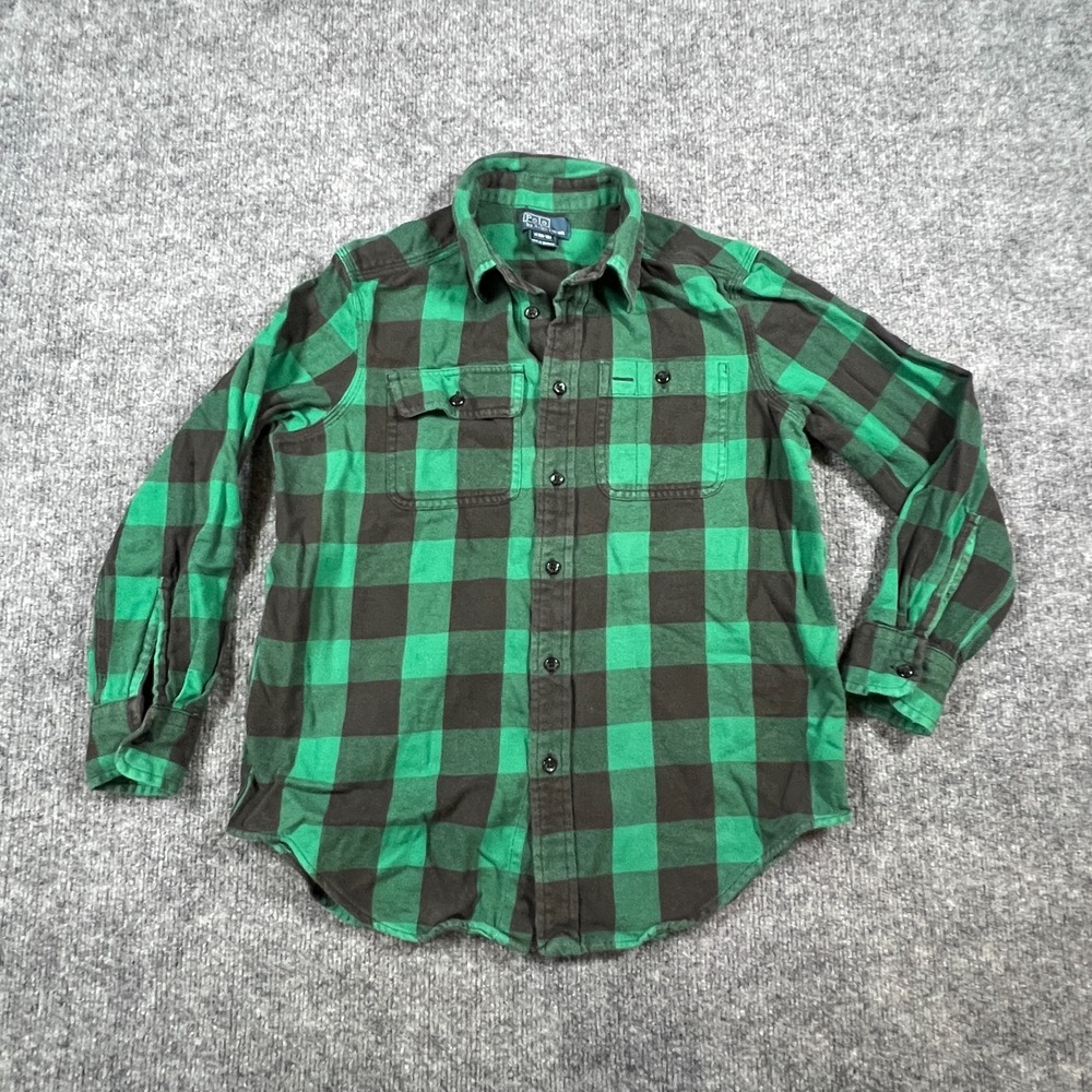 Polo Ralph Lauren Flannel Shirt Boys M 10-12 Green Black Plaid Cotton Button Up
